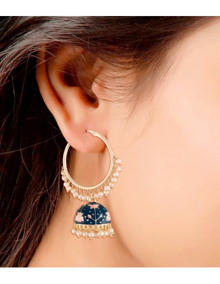 Aros de fiesta con perlas y Chandbali  azul - 1