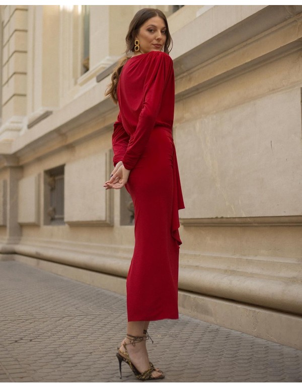 Vestido de fiesta midi de punto con drapeados y escote en pico 2