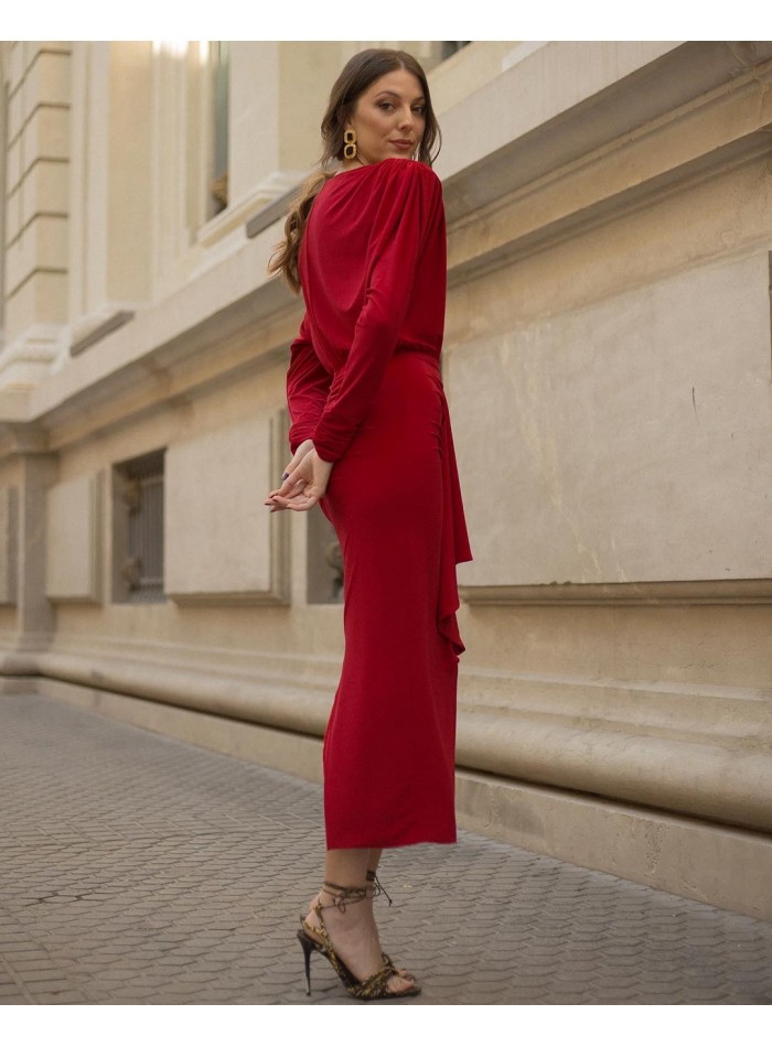 Vestido de fiesta midi de punto con drapeados y escote en pico en color rojo