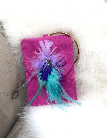 Rectangular bag with feathers and ring handle