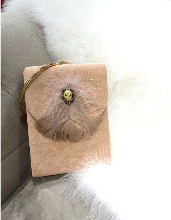 Rectangular bag with feathers and ring handle