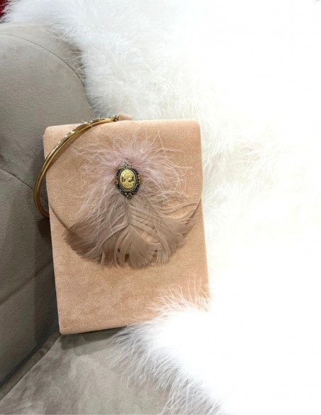 Rectangular bag with feathers and ring handle