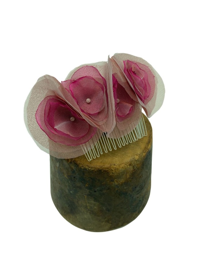 Fuchsia and nude organza comb with flowers