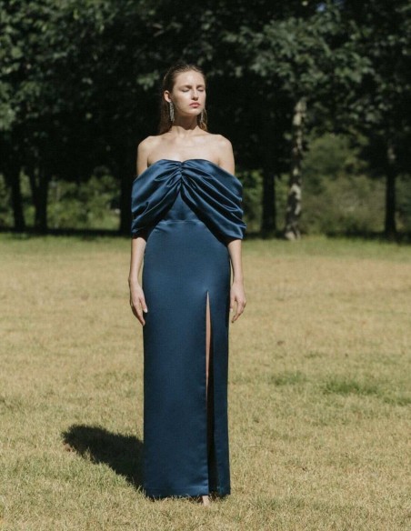 Long navy blue satin dress with bardot neckline