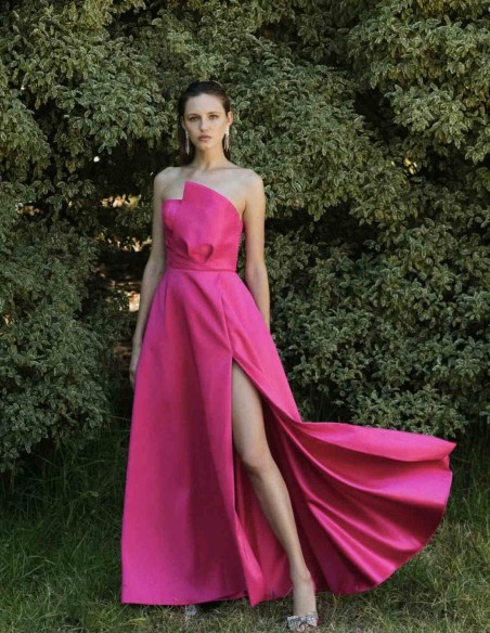 Long party dress with asymmetric neckline