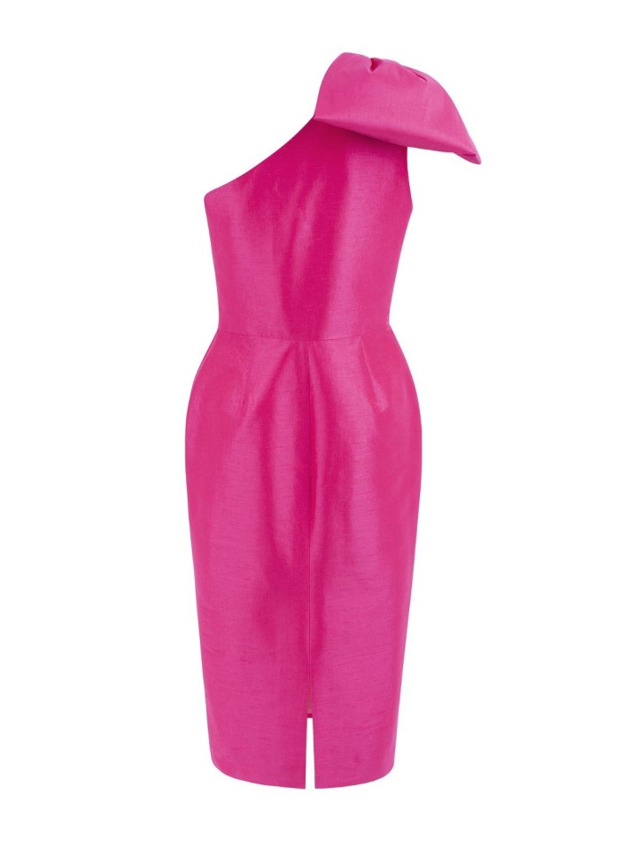 Cocktail dress with asymmetric neckline and lavender off-the-shoulder lacing
