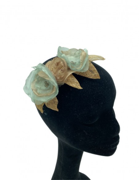 Green and beige floral comb headdress