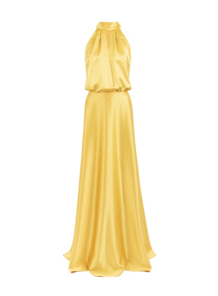 Vestido largo amarillo con escote halter y...