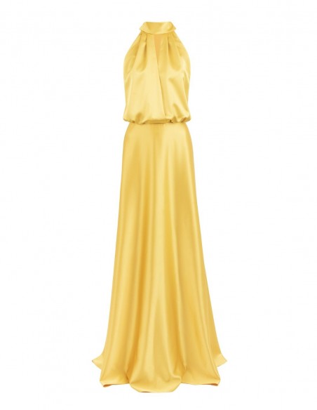 Robe longue jaune avec encolure dos nu et bretelles