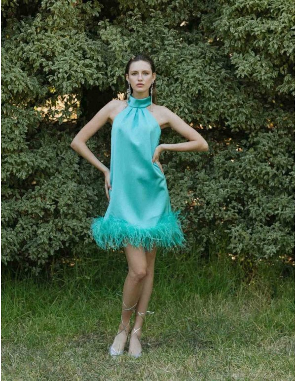 Robe de cocktail avec plumes et dos nu