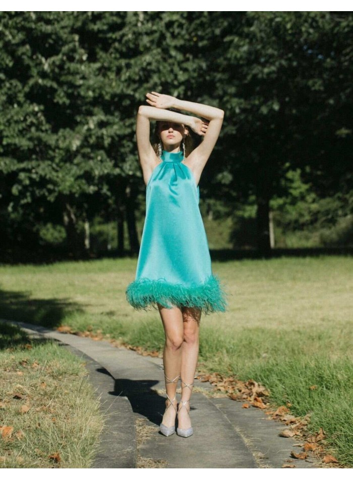 Robe de cocktail avec plumes et dos nu