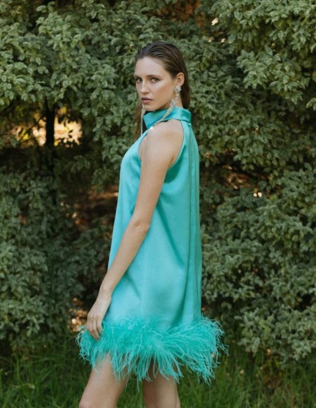 Robe de cocktail avec plumes et dos nu