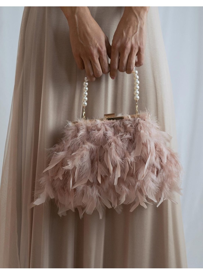 Bolso de fiesta con plumas y asa de perlas...