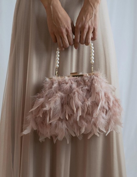 Sac de fête avec plumes et poignée en perles blanches - divers coloris