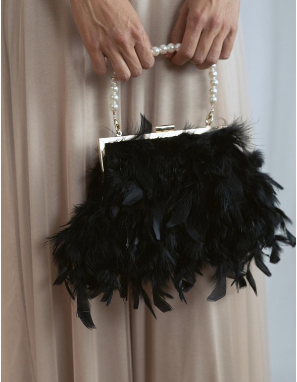 Sac de fête avec plumes et poignée en perles blanches -...