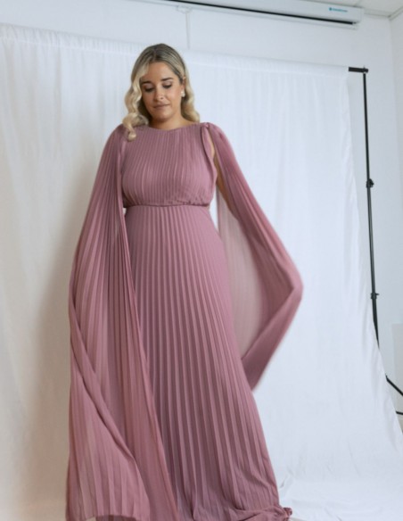 Long pleated party dress with cape sleeves