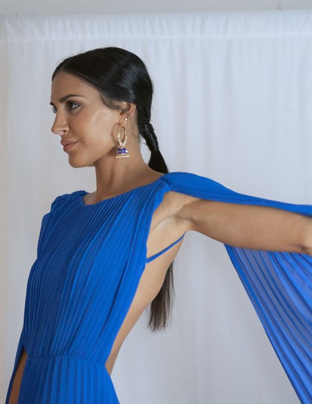 Long pleated party dress with cape sleeves