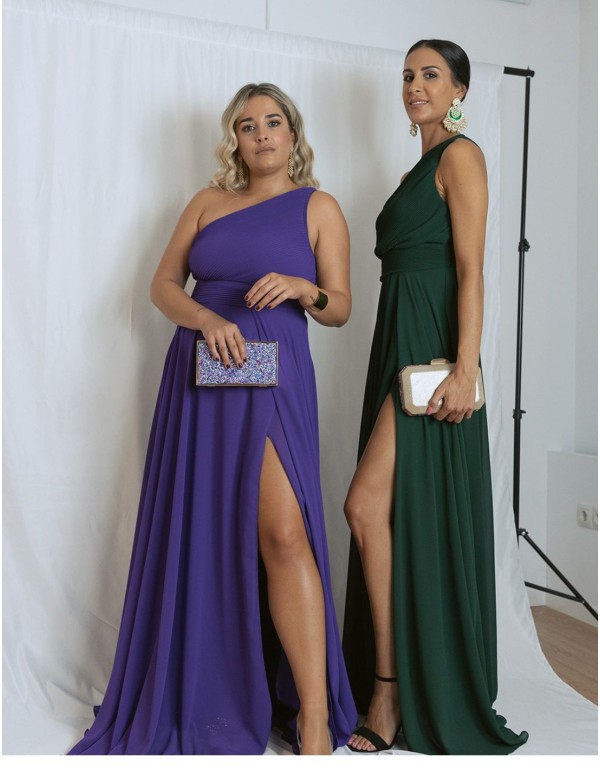 Long party dress with asymmetrical neckline and side opening