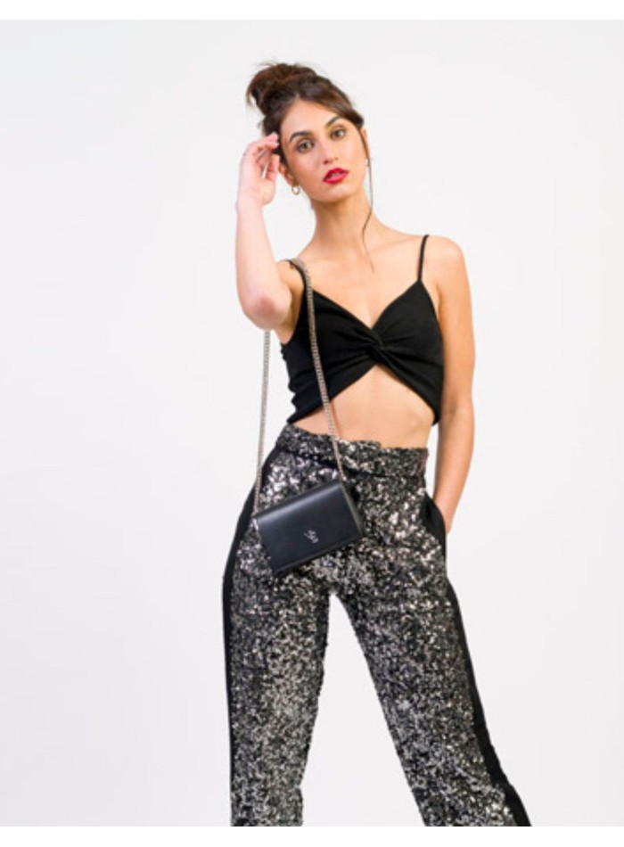 Mini metallic party bag with a long metal chain