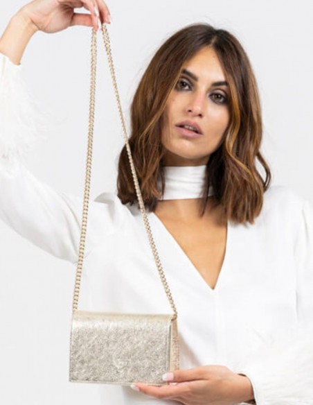 Mini metallic party bag with a long metal chain