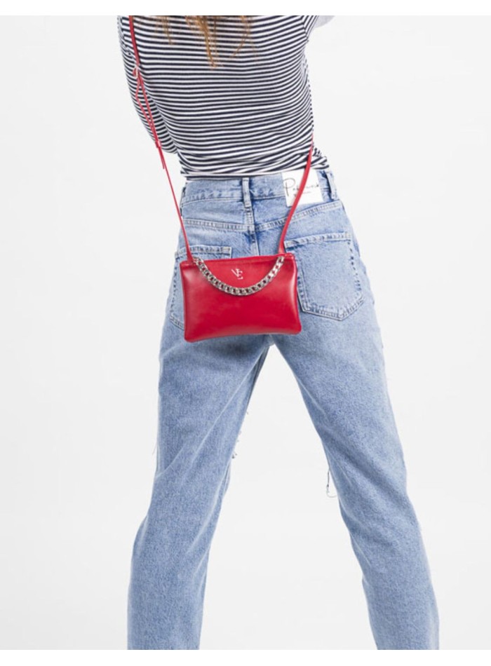 Mini leather bag with decorative chain and adjustable handle