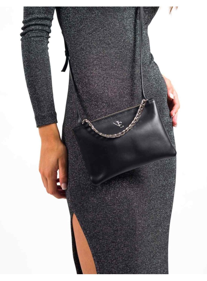 Mini leather bag with decorative chain and adjustable handle