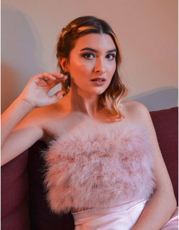 Dusty pink party top with feathers and strapless neckline