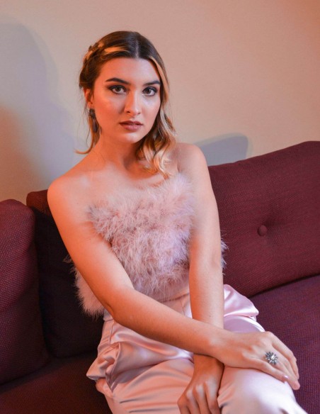 Top de fiesta rosa empolvado con plumas-3