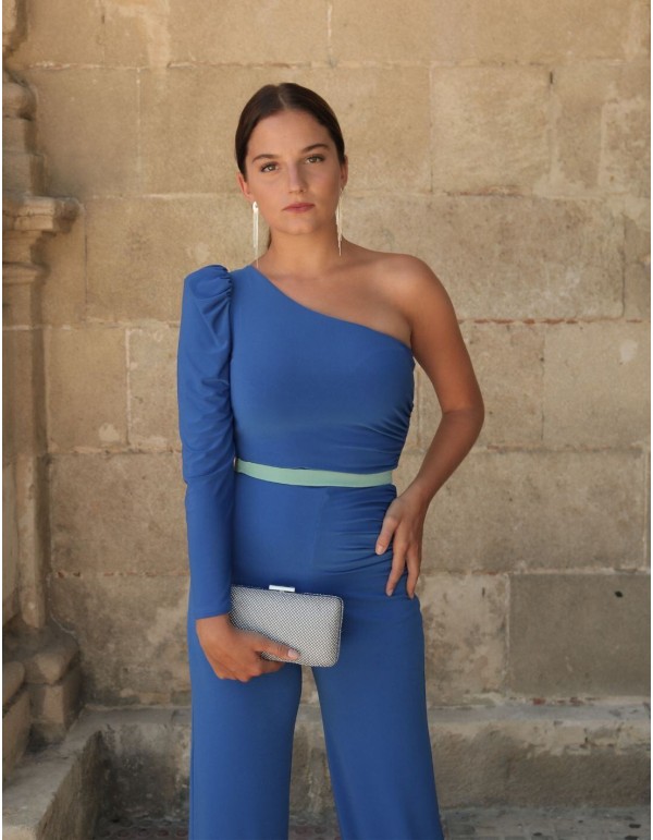 Blue jumpsuit with asymmetrical neckline and puffed sleeves
