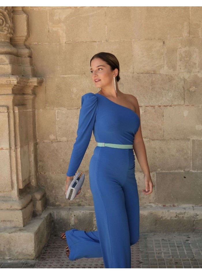 Blue jumpsuit with asymmetrical neckline and...