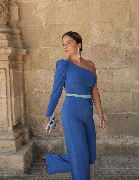 Blue jumpsuit with asymmetrical neckline and puffed sleeves