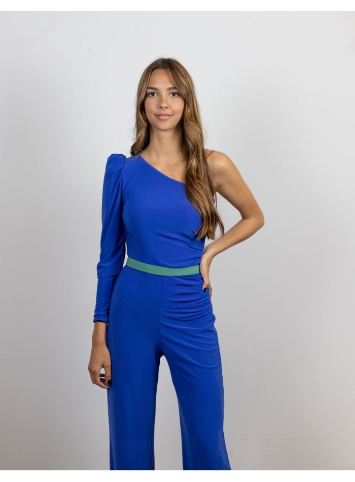 Blue jumpsuit with asymmetrical neckline and...