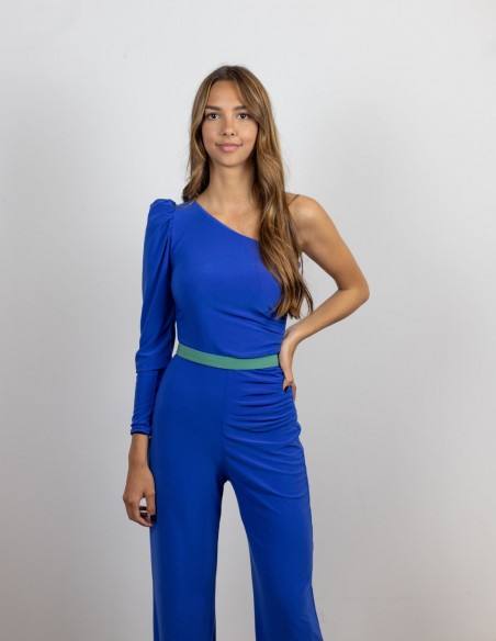 Blue jumpsuit with asymmetrical neckline and puffed sleeves