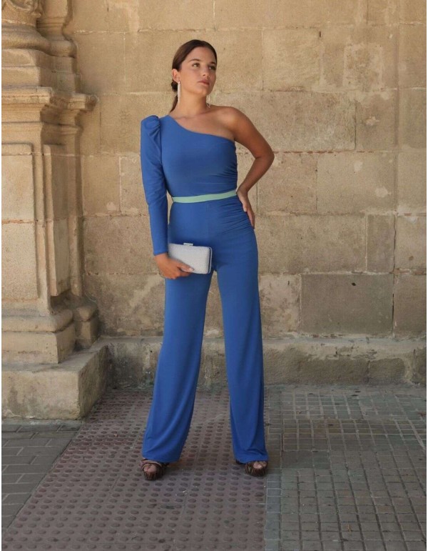 Blue jumpsuit with asymmetrical neckline and puffed sleeves 2