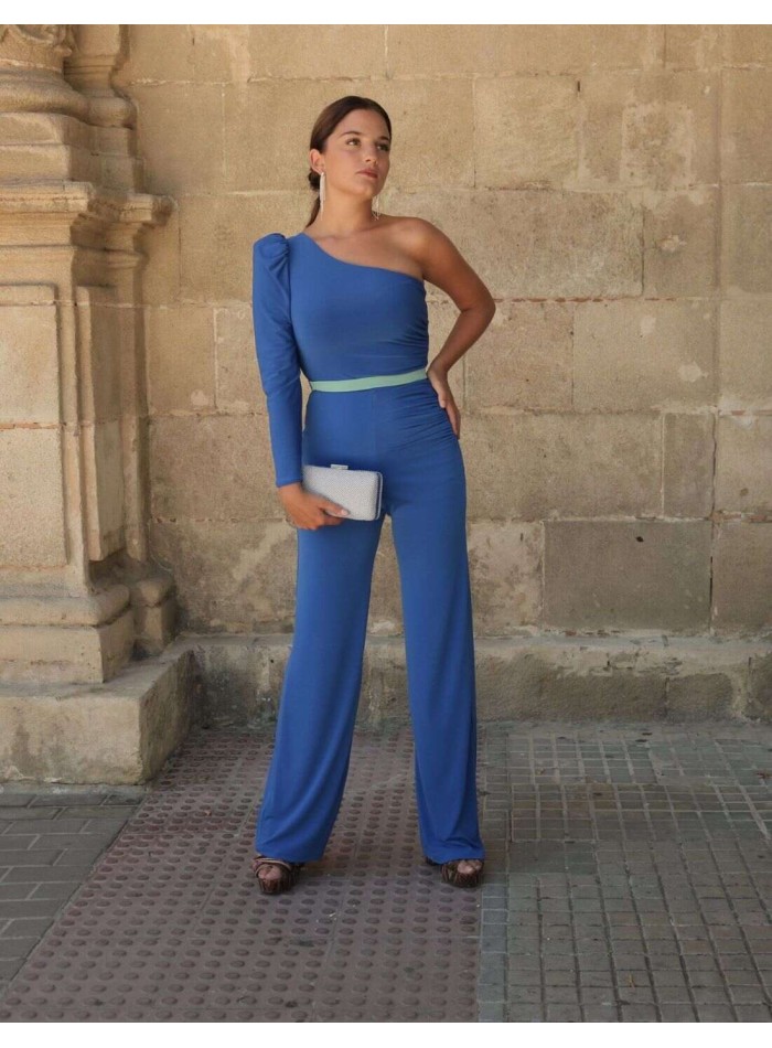 Blue jumpsuit with asymmetrical neckline and...