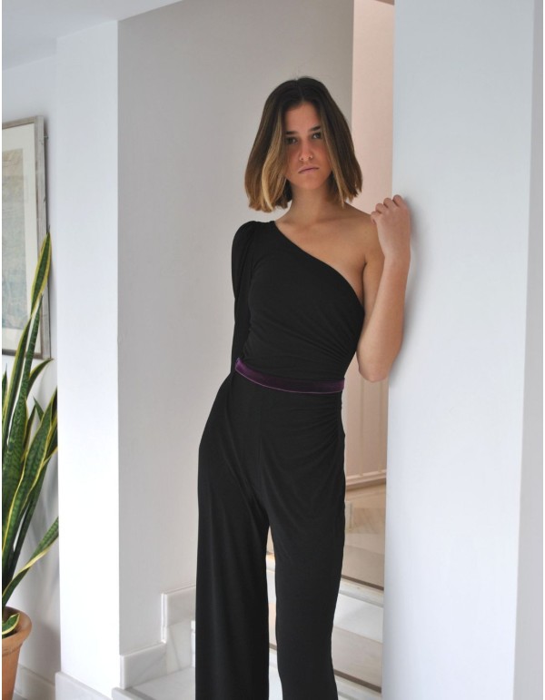 Black jumpsuit with purple waistband and asymmetrical...