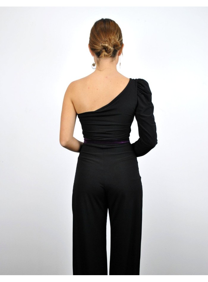 Black jumpsuit with purple waistband and...