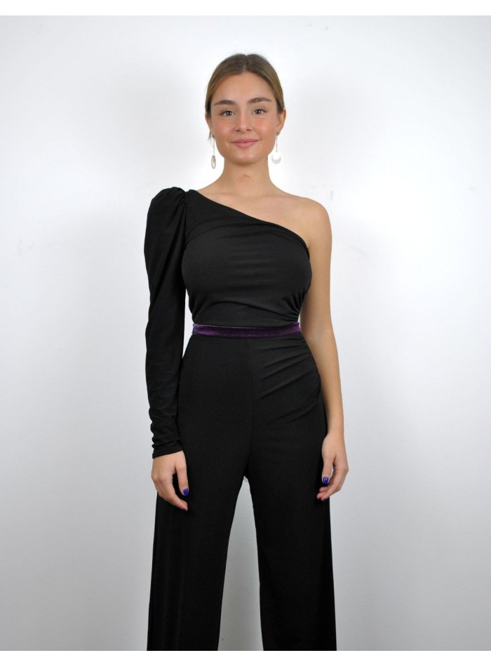 Black jumpsuit with purple waistband and...