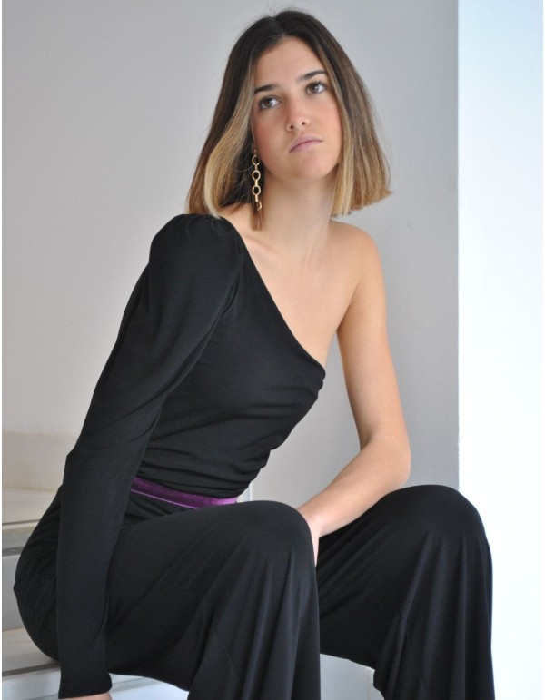 Black jumpsuit with purple waistband and asymmetrical... 2