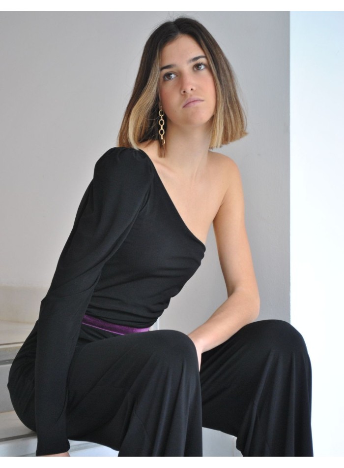Black jumpsuit with purple waistband and...