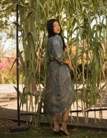 Tropical leaf print midi dress with french sleeves