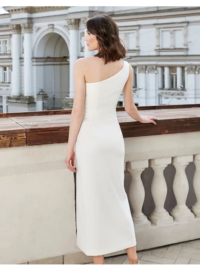 Vestido midi blanco roto escote asimétrico con abertura lateral para mamás de comunión