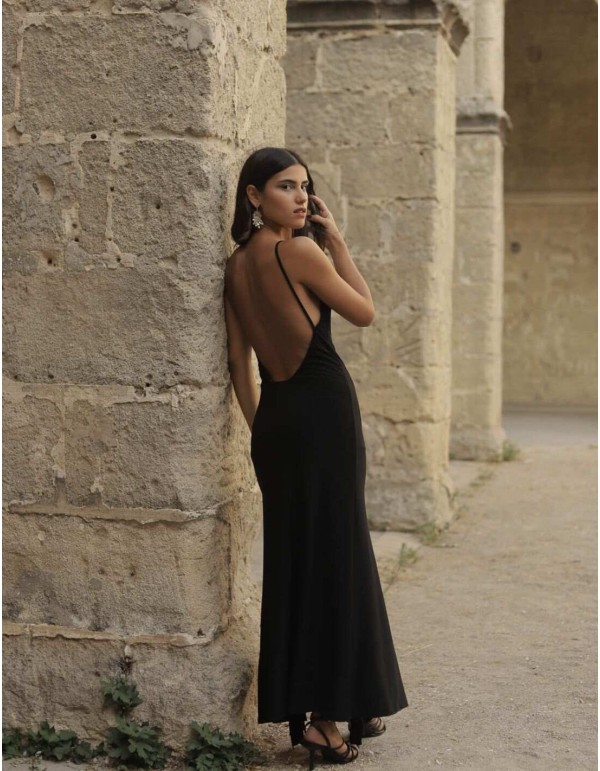 Vestido midi de fiesta con espalda descubierta y volantes