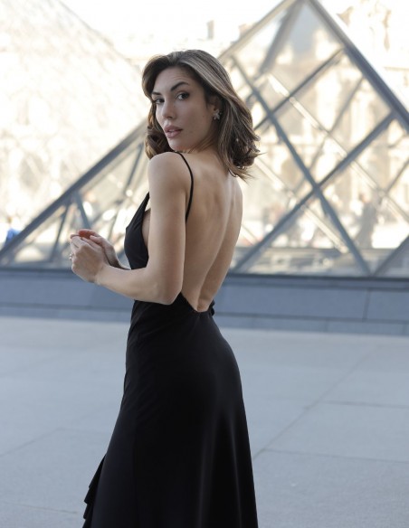 Midi party dress with open back and ruffles