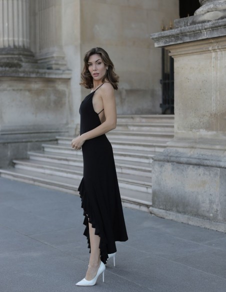 Vestido midi de fiesta con espalda descubierta y volantes