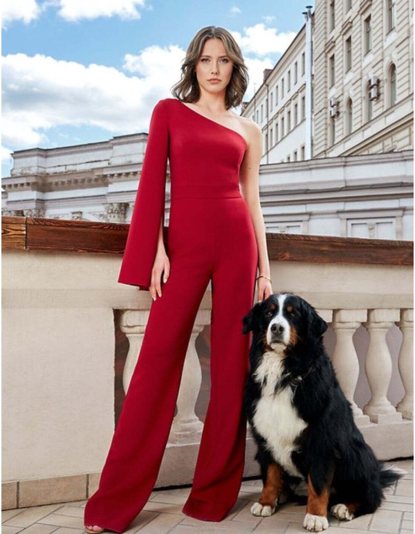 Red long party jumpsuit with asymmetric neckline and long caped sleeve 2