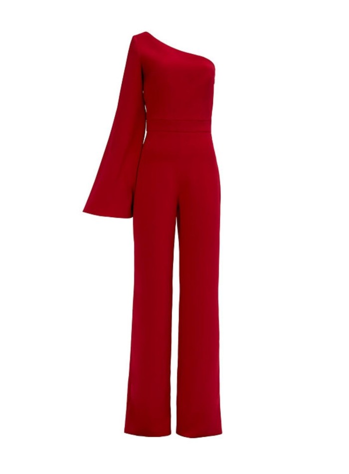 Red long party jumpsuit with asymmetric neckline and long caped sleeve for events
