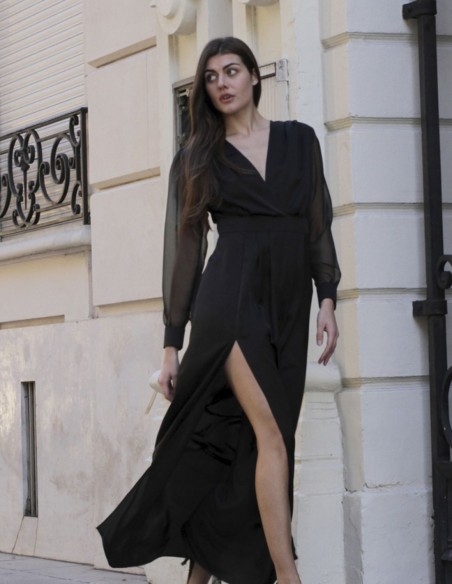 Black long party dress with long chiffon sleeves for special occasions