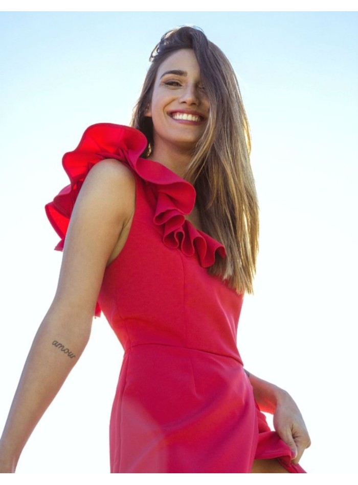 Red party dress with ruffled neckline and tulip skirt