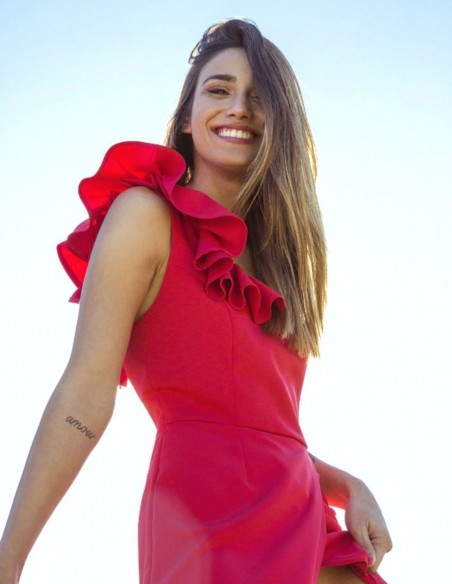 Red party dress with ruffled neckline and tulip skirt